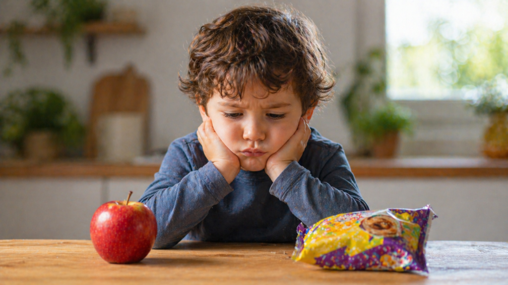 Niños eligiendo entre fruta real y alimentos saludables peligrosos