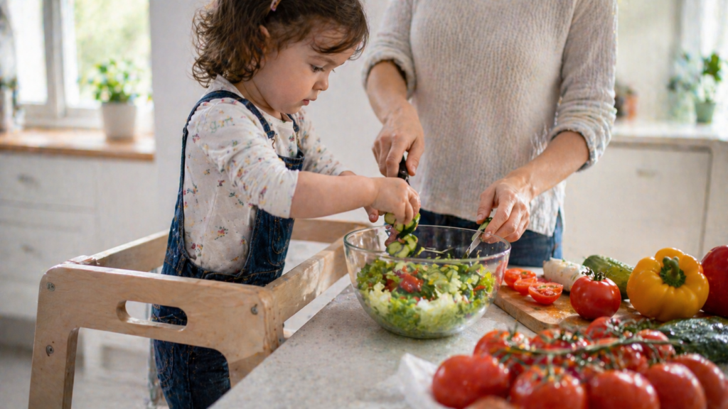 Niños participando en la preparación de comida infantil saludable
