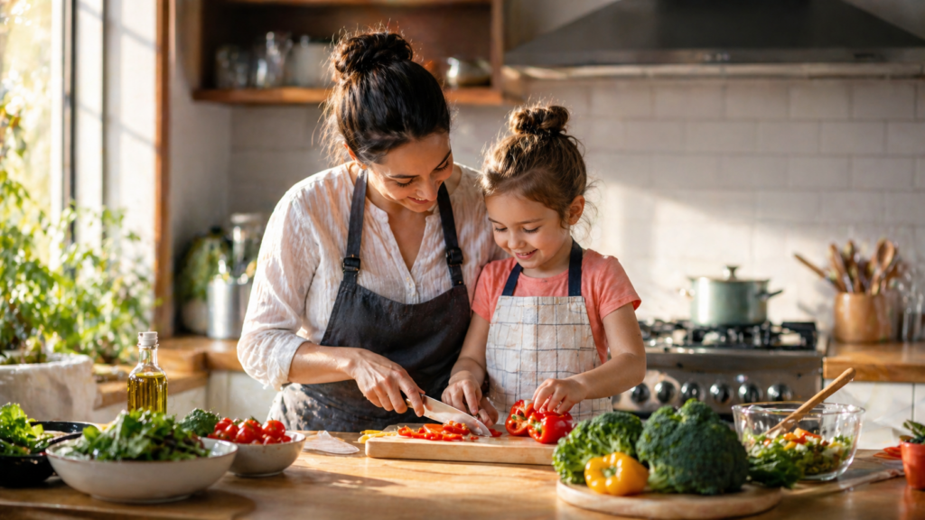 Éxito familiar preparando cenas saludables rápidas para niños