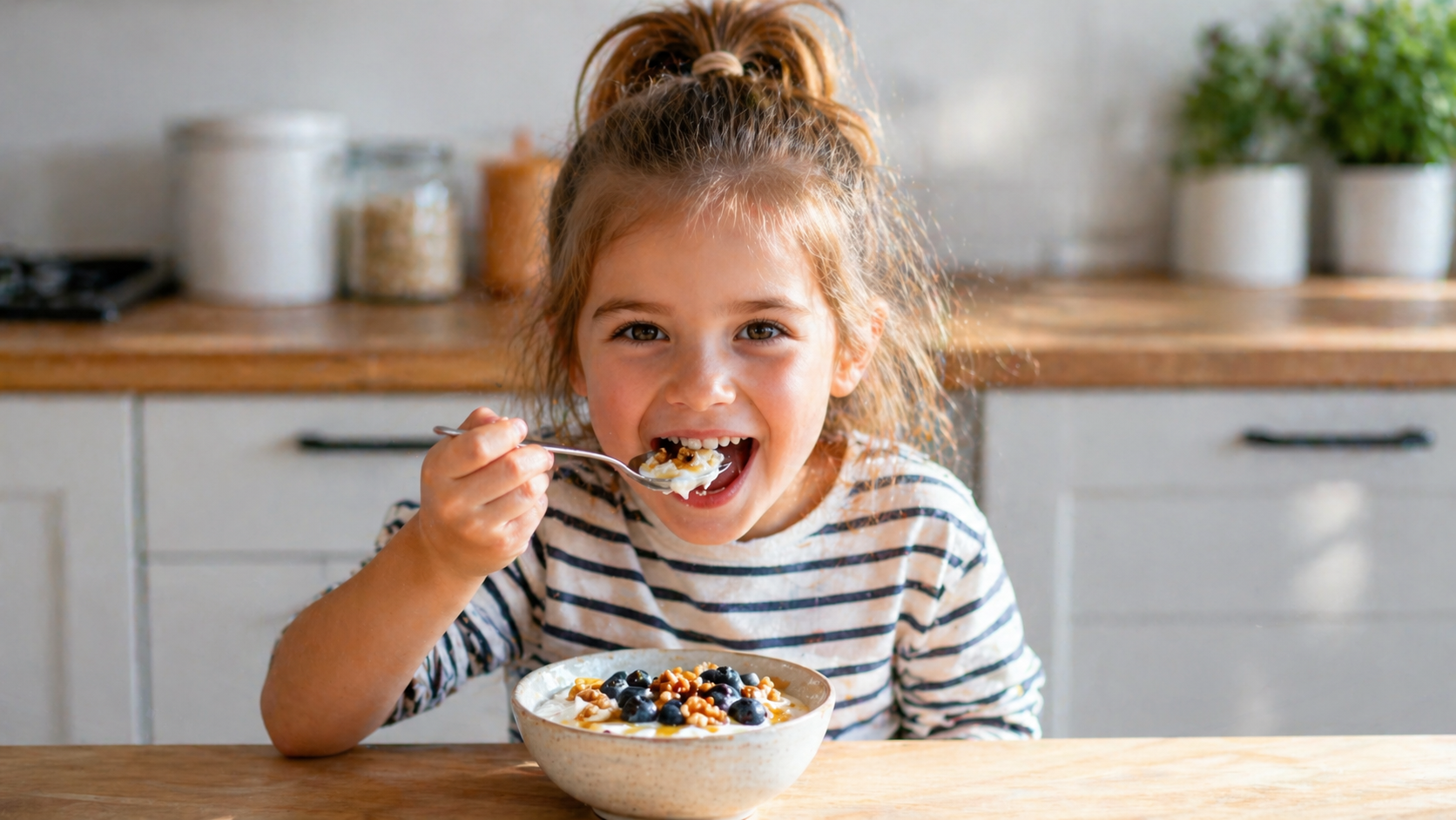 Niño fortaleciendo su microbiota infantil con alimentos probiótico