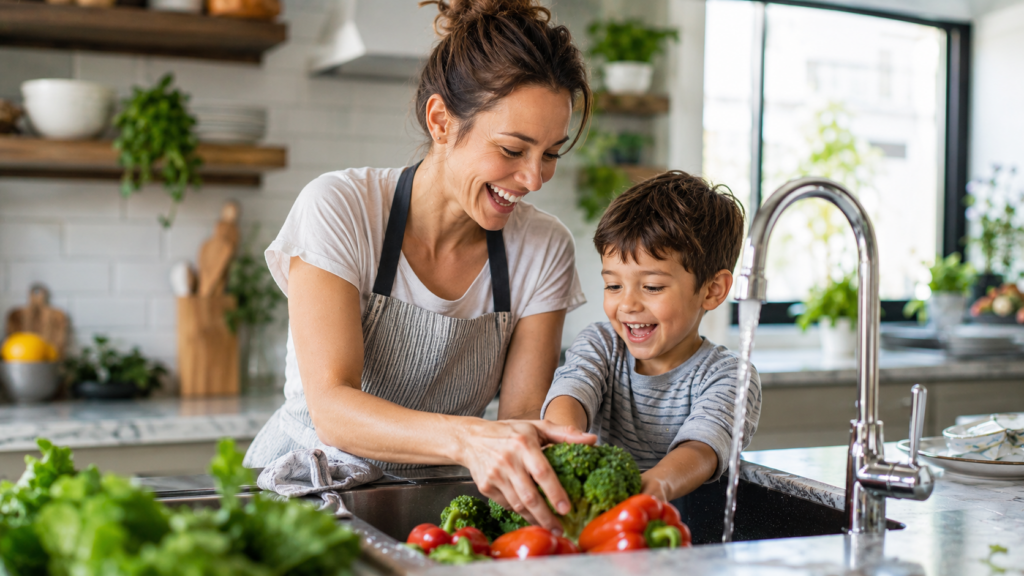 Madre e hijo cocinando verduras juntos