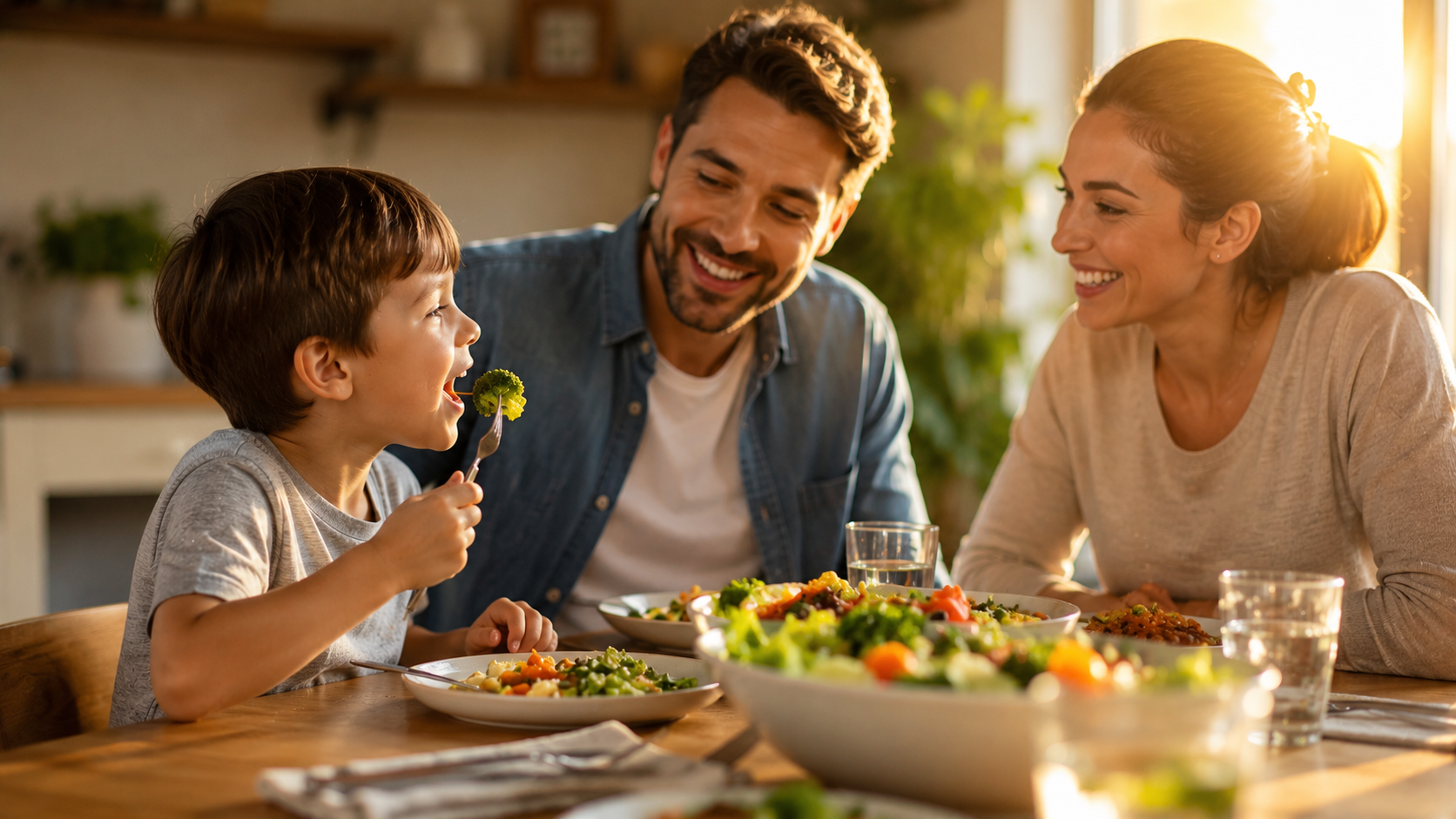 Familia feliz comiendo verdura