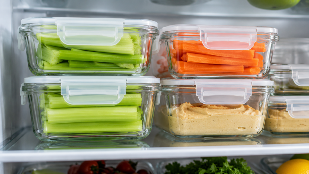 Organización de snacks saludables en la nevera